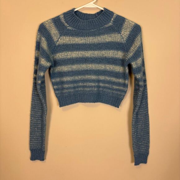 Zara Blue & White Striped Mock Neck Cropped Wool Blend Sweater Size Small - Picture 3 of 6